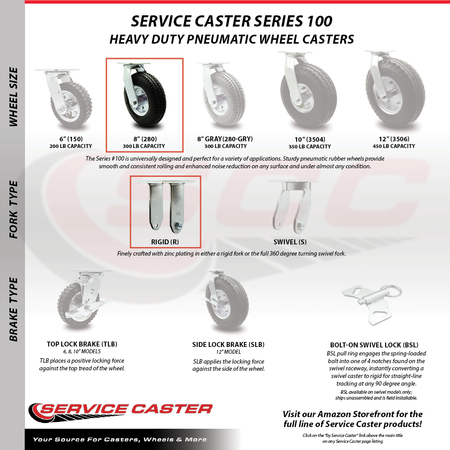 Service Caster 8 Inch Black Pneumatic Wheel Rigid Caster SCC-100R280-PNB